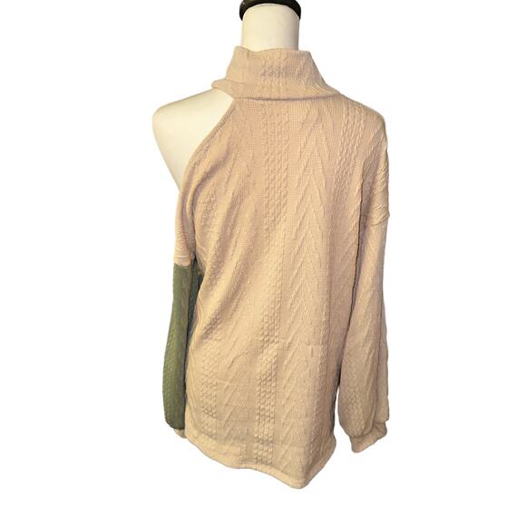 BIBI Open Shoulder Long Sleeve Top Green Tan Medium - Picture 2 of 3